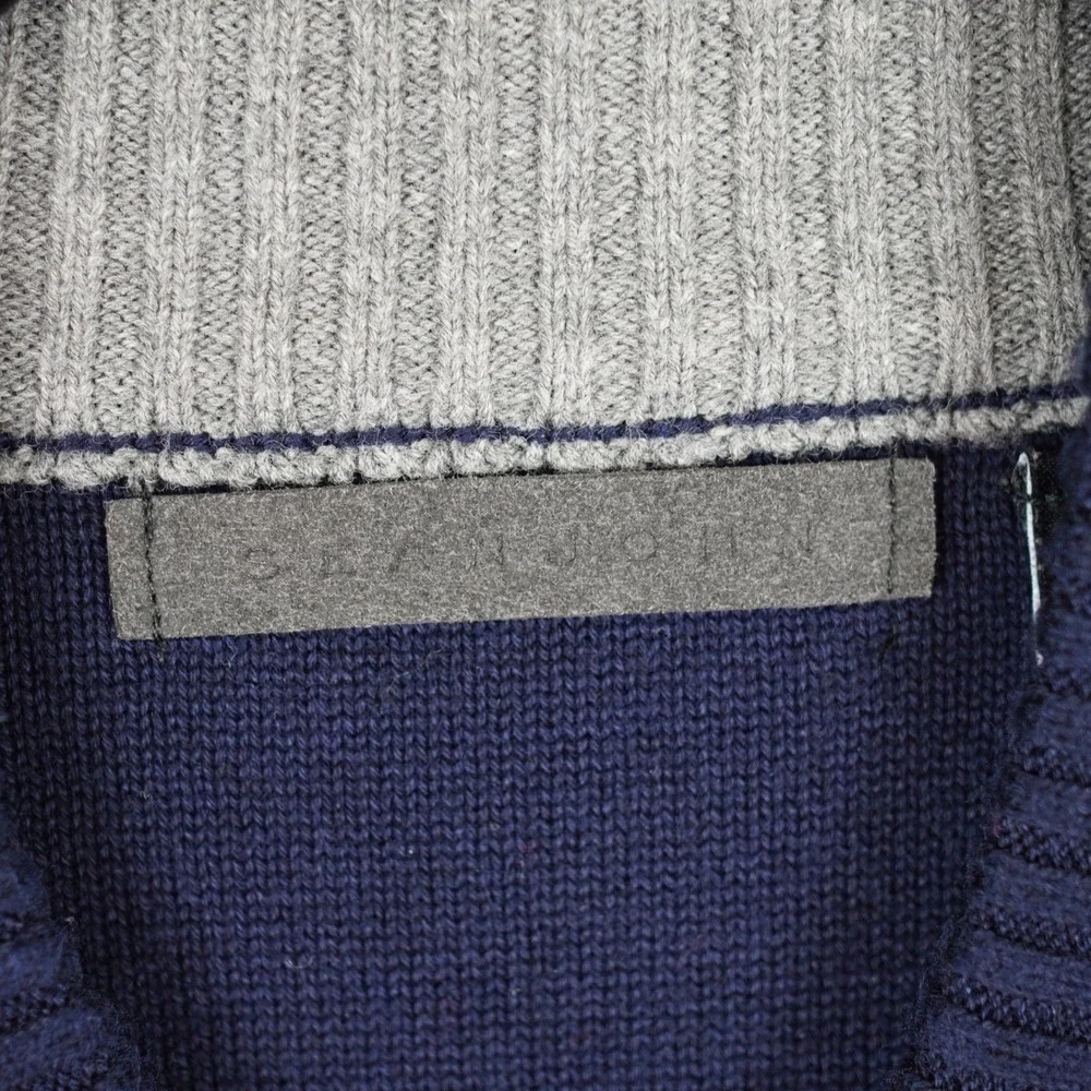 Sean John Mens Zip Up‎ Cardigan Sweater Navy Blue Gray Geometric Pattern XL